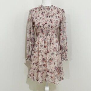 Storia Pink Floral Smocked Long Sleeve Prairiecore A-Line Dress Size S